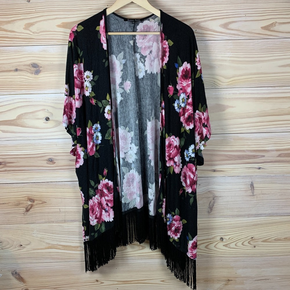Sweet Rain Wrap Top‎ Women Medium Roses Fringe Shawl Whimsigoth